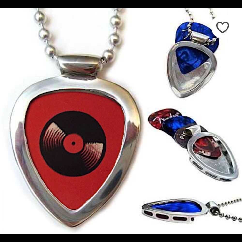 Pickbay Guitar Pick holder Necklace Gift Set + LP Record Pick RETRO nerd NEW